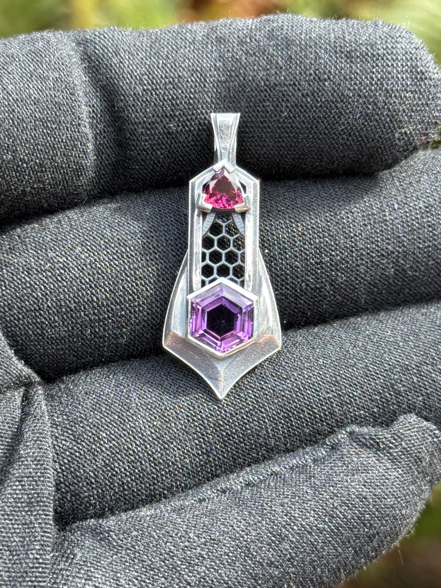 Hex Flow - Amethyst and Pink Tourmaline in a Sterling Silver Pendant