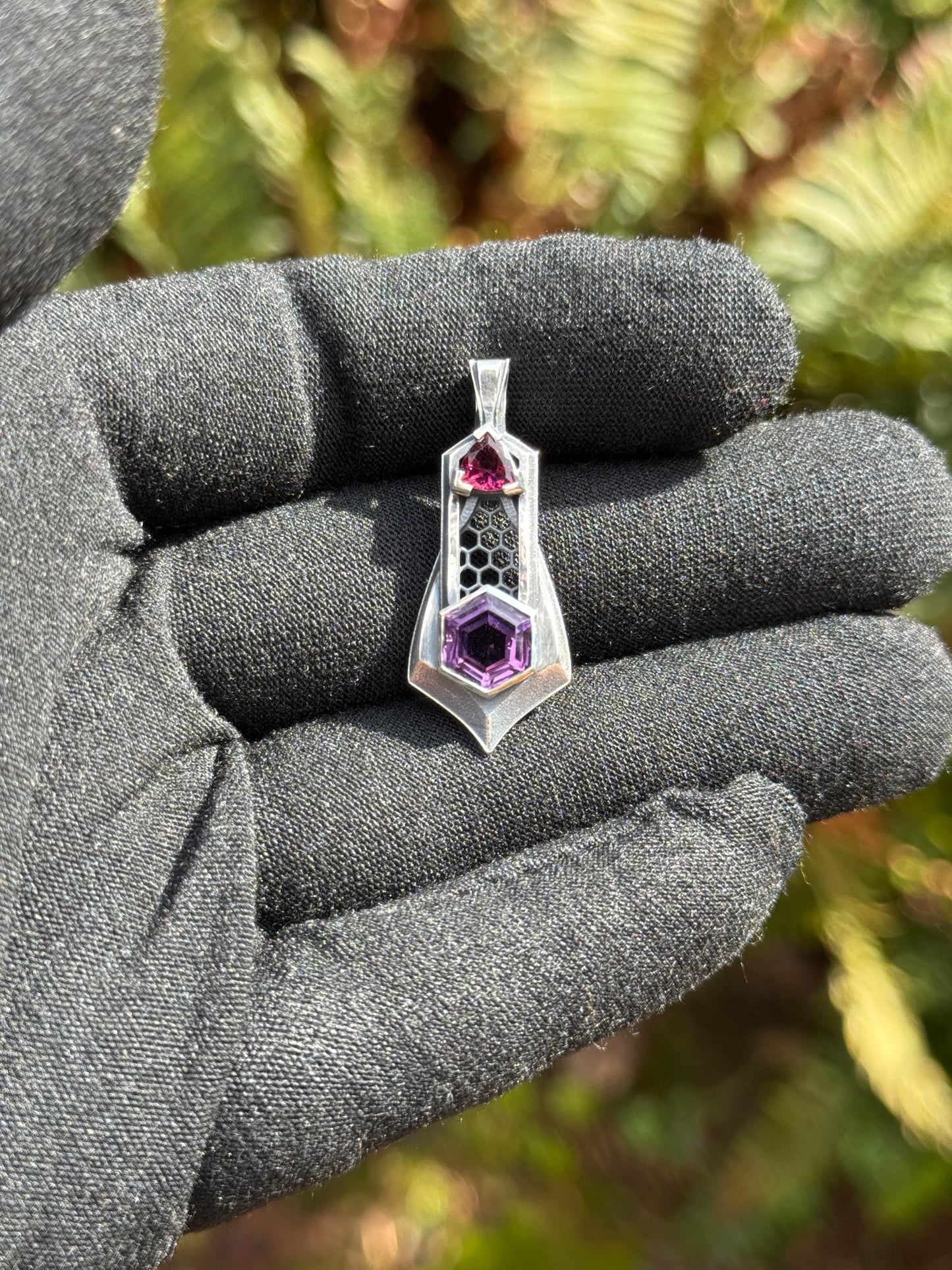 Hex Flow - Amethyst and Pink Tourmaline in a Sterling Silver Pendant