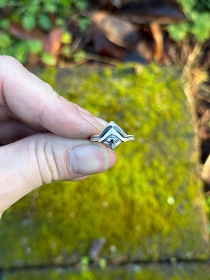 Hand holding Silver ring with a sleek, modern design and a small black gemstone, displayed on vibrant green moss