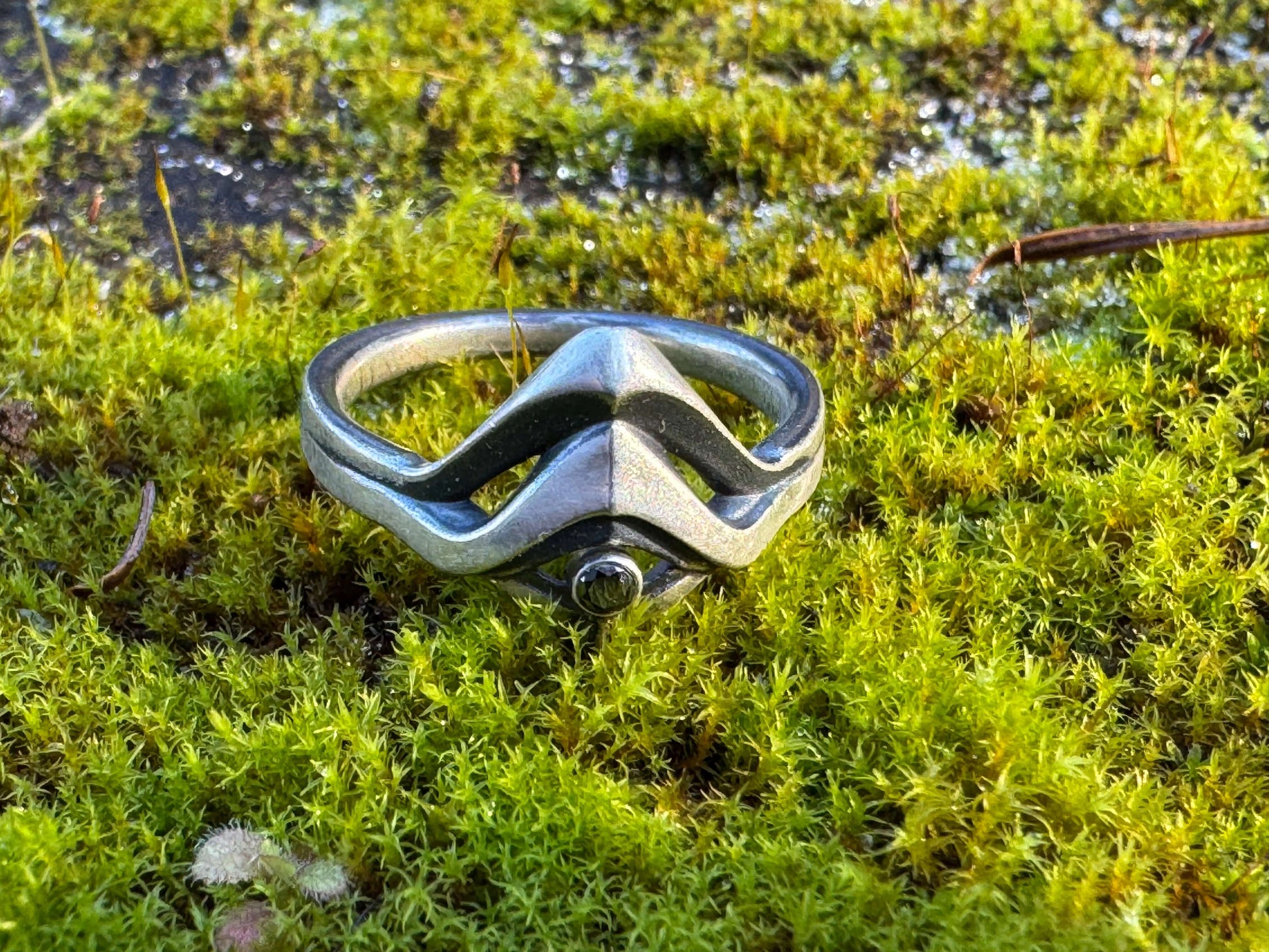 Silver ring with a sleek, modern design and a small black gemstone, displayed on vibrant green moss