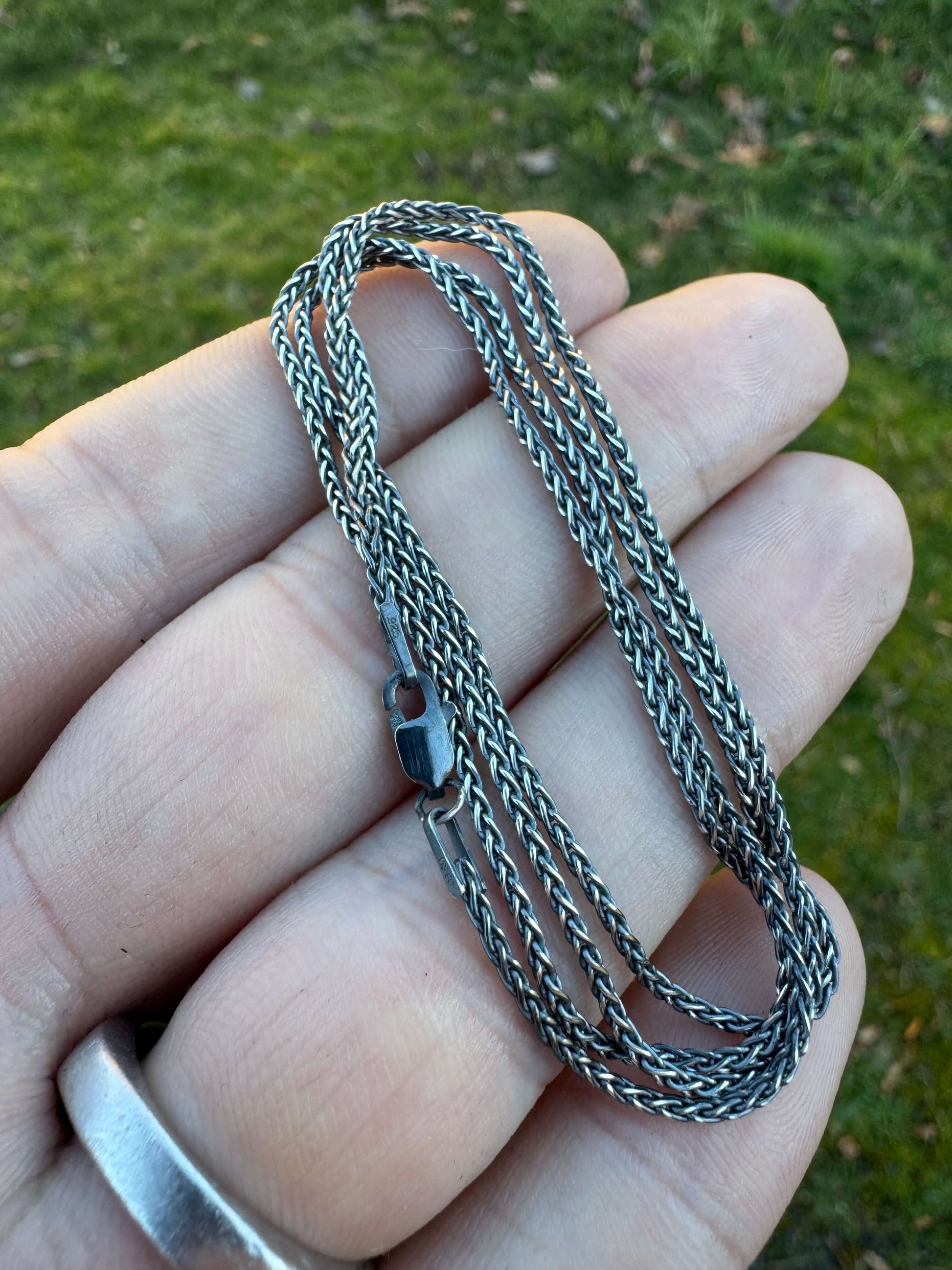 Hand holding a coiled silver chain against a grassy background.