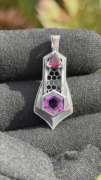 Hex Flow - Amethyst and Pink Tourmaline in a Sterling Silver Pendant